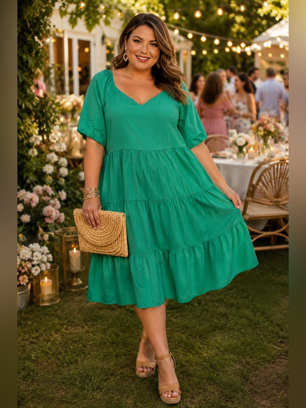 SO 2X Bright Green Tiered V-Neck Midi Dress Cotton Blend Ruffle Peasant Flowy
